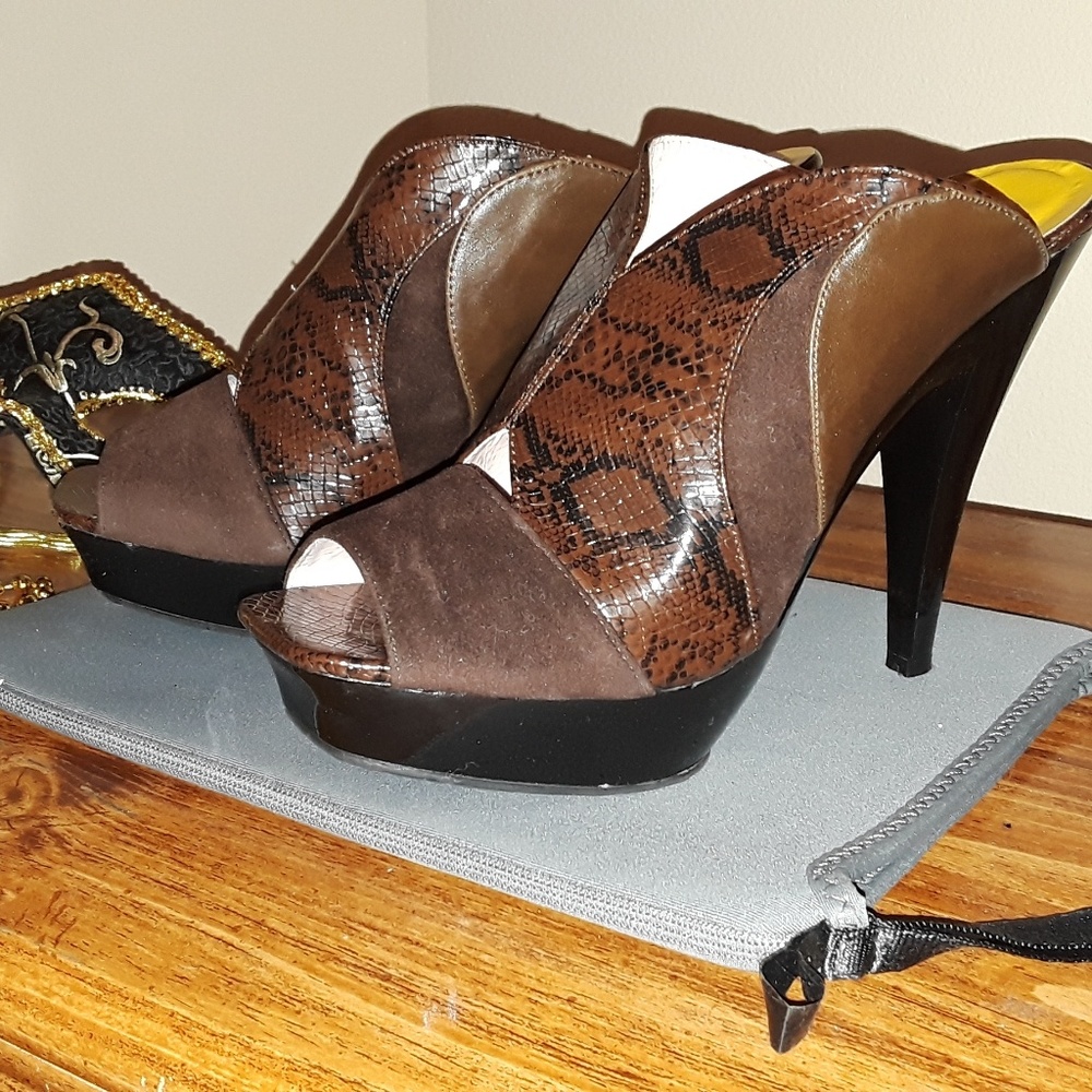 Brown suede and snake skin look slip ons
